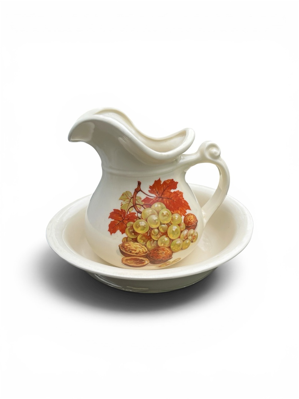 Mccoy Cream Ceramic Pitcher and Basin with Grape and Nut Motif
